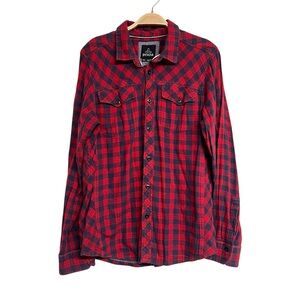 Mens Prana Wessen‎ Red and Black Plaid Long Sleeve Organic Cotton Shirt Medium